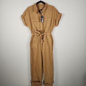 Women's Short Sleeve Button-Front Boilersuit Jumpsuit- Universal Thread Brown 8